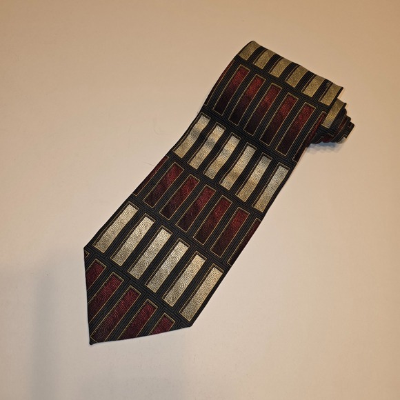 Mosaic Other - Mosaic Mens Silk Necktie Black Gold Burgundy Geometric Rectangular Hand Made Tie